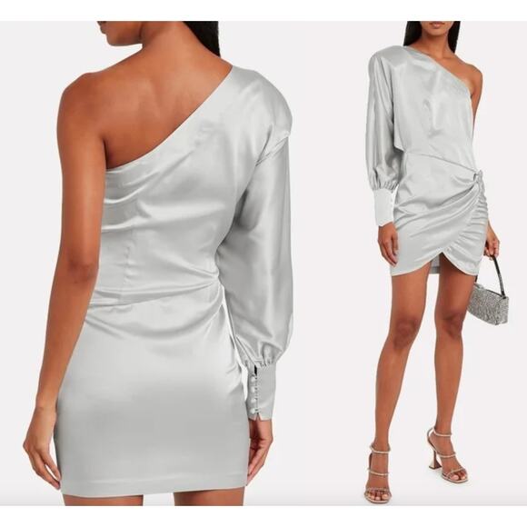 Retrofete | Drisana Silk Satin Ruched Dress | Silver | Size XS - Picture 1 of 12